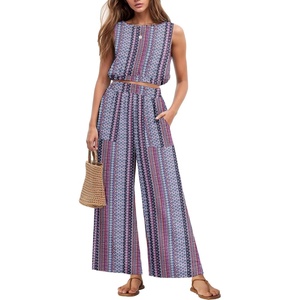 image:imageGRECERELLE Two Piece Sets for Women Summer Crop Top Wide Leg Pants 2026Bohemia Rhomboid