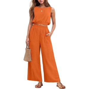 image:imageGRECERELLE Two Piece Sets for Women Summer Crop Top Wide Leg Pants 2026Bright Orange