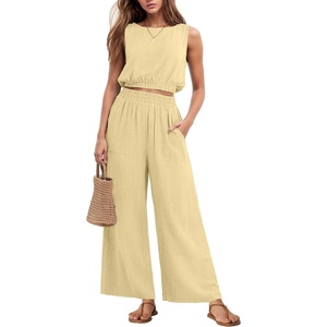 image:imageGRECERELLE Two Piece Sets for Women Summer Crop Top Wide Leg Pants 2026Butter Yellow