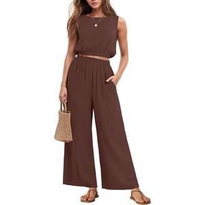 image:imageGRECERELLE Two Piece Sets for Women Summer Crop Top Wide Leg Pants 2026Coffee