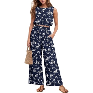 image:imageGRECERELLE Two Piece Sets for Women Summer Crop Top Wide Leg Pants 2026Fpblue Small Flower