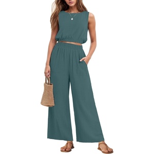 image:imageGRECERELLE Two Piece Sets for Women Summer Crop Top Wide Leg Pants 2026Gray Blue