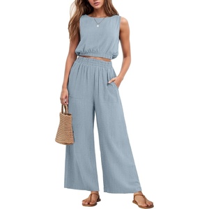 image:imageGRECERELLE Two Piece Sets for Women Summer Crop Top Wide Leg Pants 2026Haze Blue