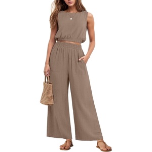 image:imageGRECERELLE Two Piece Sets for Women Summer Crop Top Wide Leg Pants 2026Khaki