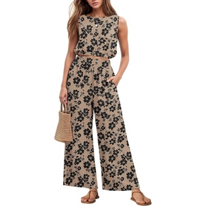 image:imageGRECERELLE Two Piece Sets for Women Summer Crop Top Wide Leg Pants 2026Khaki Black Flower
