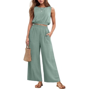 image:imageGRECERELLE Two Piece Sets for Women Summer Crop Top Wide Leg Pants 2026Light Blue
