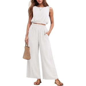 image:imageGRECERELLE Two Piece Sets for Women Summer Crop Top Wide Leg Pants 2026Pearl White