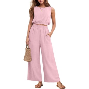 image:imageGRECERELLE Two Piece Sets for Women Summer Crop Top Wide Leg Pants 2026Pink