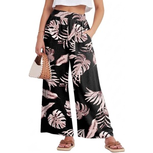 image:imageGRECERELLE Wide Leg Pants for Women Elastic High Waisted Palazzo TrousersBlack Palm Leaf