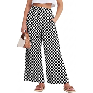 image:imageGRECERELLE Wide Leg Pants for Women Elastic High Waisted Palazzo TrousersBlack White Plaid