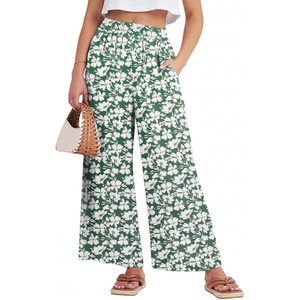 image:imageGRECERELLE Wide Leg Pants for Women Elastic High Waisted Palazzo TrousersGreen White Flower