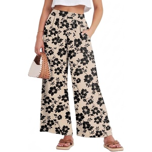 image:imageGRECERELLE Wide Leg Pants for Women Elastic High Waisted Palazzo TrousersKhaki Black Flower