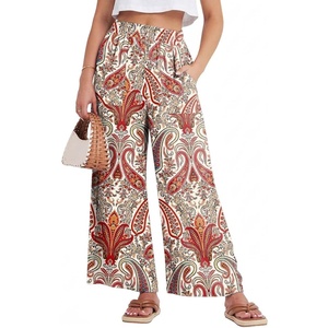 image:imageGRECERELLE Wide Leg Pants for Women Elastic High Waisted Palazzo TrousersWhite Red Paisley