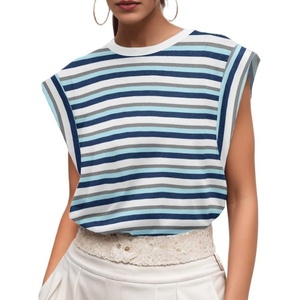 image:imageGRECERELLE Women 2026 Cap Sleeve Tops Summer Casual Tee Shirt Loose Crew Neck Basic Tank Trendy Work Vacation Outfits S2XLStripe Blue