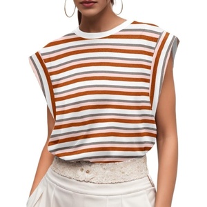 image:imageGRECERELLE Women 2026 Cap Sleeve Tops Summer Casual Tee Shirt Loose Crew Neck Basic Tank Trendy Work Vacation Outfits S2XLStripe Brown