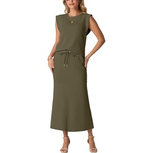 image:imageGRECERELLE Women Summer 2 Piece Sets Round Neck WrinkleFree Top amp Elastic Waist Midi Fishtail Skirt with PocketsXS3XLArmy Green