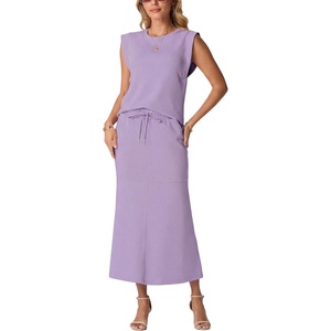 image:imageGRECERELLE Women Summer 2 Piece Sets Round Neck WrinkleFree Top amp Elastic Waist Midi Fishtail Skirt with PocketsXS3XLAura Indigo