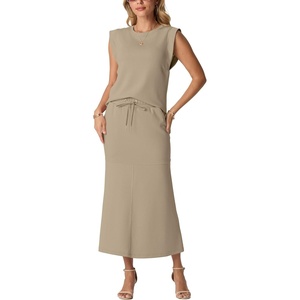 image:imageGRECERELLE Women Summer 2 Piece Sets Round Neck WrinkleFree Top amp Elastic Waist Midi Fishtail Skirt with PocketsXS3XLKhaki