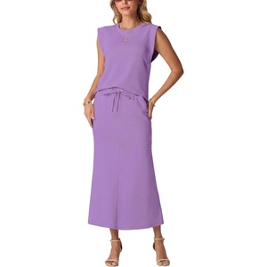 image:imageGRECERELLE Women Summer 2 Piece Sets Round Neck WrinkleFree Top amp Elastic Waist Midi Fishtail Skirt with PocketsXS3XLLilac