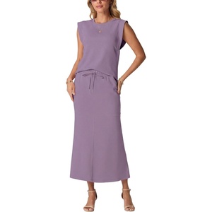 image:imageGRECERELLE Women Summer 2 Piece Sets Round Neck WrinkleFree Top amp Elastic Waist Midi Fishtail Skirt with PocketsXS3XLPurple