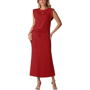 image:imageGRECERELLE Women Summer 2 Piece Sets Round Neck WrinkleFree Top amp Elastic Waist Midi Fishtail Skirt with PocketsXS3XLRed