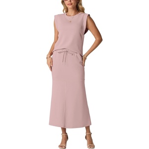 image:imageGRECERELLE Women Summer 2 Piece Sets Round Neck WrinkleFree Top amp Elastic Waist Midi Fishtail Skirt with PocketsXS3XLRose Pink