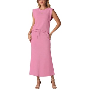 image:imageGRECERELLE Women Summer 2 Piece Sets Round Neck WrinkleFree Top amp Elastic Waist Midi Fishtail Skirt with PocketsXS3XLRose Red
