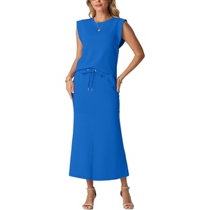 image:imageGRECERELLE Women Summer 2 Piece Sets Round Neck WrinkleFree Top amp Elastic Waist Midi Fishtail Skirt with PocketsXS3XLRoyal Blue