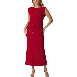 image:imageGRECERELLE Women Summer 2 Piece Sets Round Neck WrinkleFree Top amp Elastic Waist Midi Fishtail Skirt with PocketsXS3XLWine Red