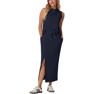image:imageGRECERELLE Women Summer Casual 2 Piece Sets MockNeck Top amp Side Slit SkirtNavy Blue