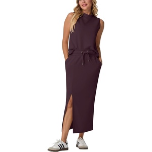 image:imageGRECERELLE Women Summer Casual 2 Piece Sets MockNeck Top amp Side Slit SkirtRosewood