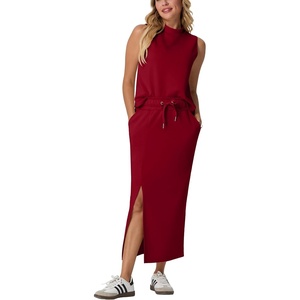 image:imageGRECERELLE Women Summer Casual 2 Piece Sets MockNeck Top amp Side Slit SkirtWine Red
