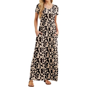 image:imageGRECERELLE Women Summer Casual Maxi Long Dress Short Sleeve Crew Neck with Pockets Size S3XLApricot Geometry
