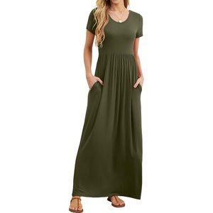 image:imageGRECERELLE Women Summer Casual Maxi Long Dress Short Sleeve Crew Neck with Pockets Size S3XLArmy Green