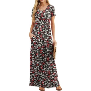 image:imageGRECERELLE Women Summer Casual Maxi Long Dress Short Sleeve Crew Neck with Pockets Size S3XLBlack Daffodil