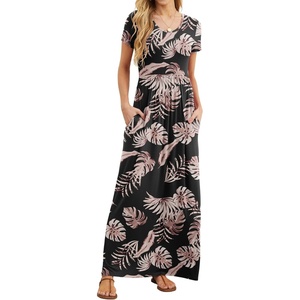 image:imageGRECERELLE Women Summer Casual Maxi Long Dress Short Sleeve Crew Neck with Pockets Size S3XLBlack Palm Leaf