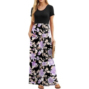 image:imageGRECERELLE Women Summer Casual Maxi Long Dress Short Sleeve Crew Neck with Pockets Size S3XLBlack Purple Bloom