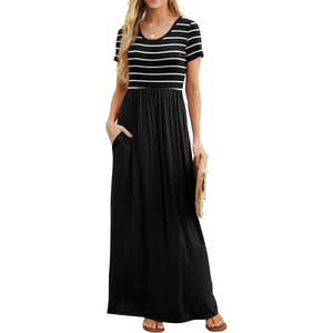 image:imageGRECERELLE Women Summer Casual Maxi Long Dress Short Sleeve Crew Neck with Pockets Size S3XLBlack Striped
