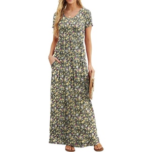 image:imageGRECERELLE Women Summer Casual Maxi Long Dress Short Sleeve Crew Neck with Pockets Size S3XLBlack Yellow Floral