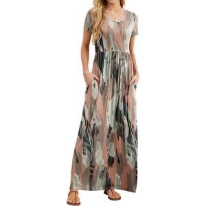 image:imageGRECERELLE Women Summer Casual Maxi Long Dress Short Sleeve Crew Neck with Pockets Size S3XLCamou Green Pink