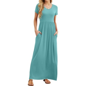 image:imageGRECERELLE Women Summer Casual Maxi Long Dress Short Sleeve Crew Neck with Pockets Size S3XLCyan