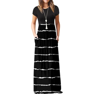 image:imageGRECERELLE Women Summer Casual Maxi Long Dress Short Sleeve Crew Neck with Pockets Size S3XLFlowerblack Stripe