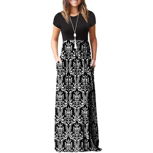 image:imageGRECERELLE Women Summer Casual Maxi Long Dress Short Sleeve Crew Neck with Pockets Size S3XLFlowerblack White