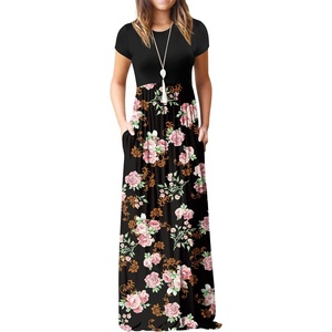 image:imageGRECERELLE Women Summer Casual Maxi Long Dress Short Sleeve Crew Neck with Pockets Size S3XLFlowerrose Black