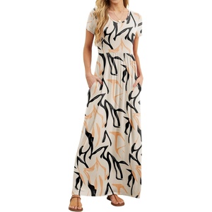 image:imageGRECERELLE Women Summer Casual Maxi Long Dress Short Sleeve Crew Neck with Pockets Size S3XLGeometric Ribbon