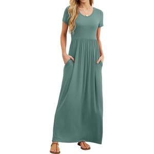 image:imageGRECERELLE Women Summer Casual Maxi Long Dress Short Sleeve Crew Neck with Pockets Size S3XLHaze Blue