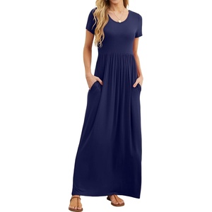 image:imageGRECERELLE Women Summer Casual Maxi Long Dress Short Sleeve Crew Neck with Pockets Size S3XLNavy Blue