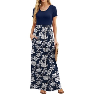 image:imageGRECERELLE Women Summer Casual Maxi Long Dress Short Sleeve Crew Neck with Pockets Size S3XLNavy Blue Floral