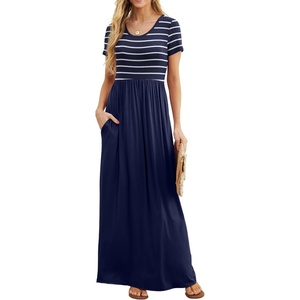 image:imageGRECERELLE Women Summer Casual Maxi Long Dress Short Sleeve Crew Neck with Pockets Size S3XLNavy Striped