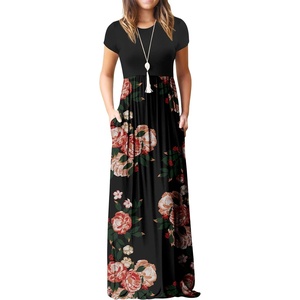 image:imageGRECERELLE Women Summer Casual Maxi Long Dress Short Sleeve Crew Neck with Pockets Size S3XLRed Brown Flowers Black
